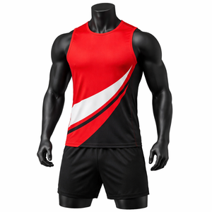 Conjunto Deportivo Unisex Rojo/Negro, Chaleco sin Mangas y Pantalones Cortos con Cordón, Franja Blanca, Secado Rápido, Impresión Digital, Nombre y Número Personalizables - Product Image 1