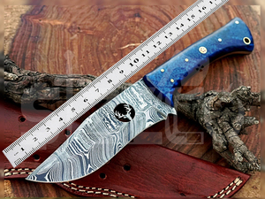 มีดล่าสัตว์เหล็กดามัสกัสแบบ OEM พร้อมด้ามเรซิ่น ใบมีดคงที่ สำหรับตั้งแคมป์ กิจกรรมกลางแจ้ง และพกพาประจำวัน พร้อมปลอกหนัง - Product Image 6