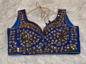 Women's Padded Short Blue <b>Satin</b> Woven Crop Top <b>Blouse</b> with Breathable Fabric for Autumn Winter Wedding Festive Wear - Product Image 2