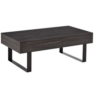 Tavolo moderno grigio scuro della metà del secolo con cassetto portaoggetti superficie in venature del legno e gambe progettate in metallo per soggiorno - Product Image 1