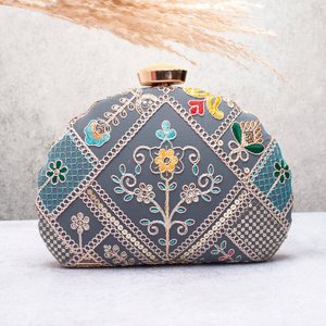 Grey Embroidered Designer Evening <b>Clutch</b> Bag for Women <b>Wedding</b> and Special Occasions - Product Image 1