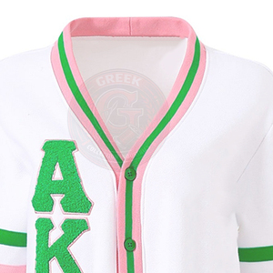 Cárdigan de punto blanco de la hermandad Alpha Sorority AKA con ribete verde y rosa, suéteres para mujer con cuello en V, manga larga, bordado griego con letras universitarias - Product Image 4