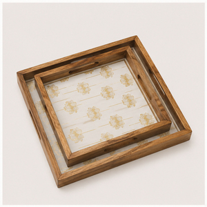 Ensemble de 3 plateaux de service en bois à imprimé paon de luxe, gravés or, décoratifs pour table basse et décoration intérieure, revêtement émaillé - Product Image 1
