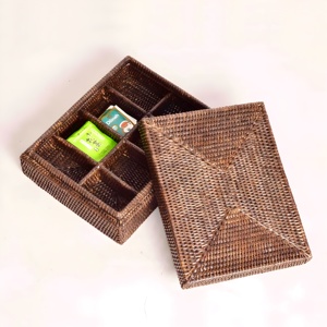 Luxury Brown Rattan Caddy Gift Box Handwoven Rectangle <b>Tea</b> Storage Organizer <b>Boxes</b> With Lid Custom Sizes Upon Request - Product Image 1