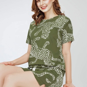 Trendy Stylish Green Animal Print <b>Lounge</b> <b>Set</b> Women's Short Sleeve Top and Shorts For Women Printed Co-ord Nightwear Outfit - Product Image 6
