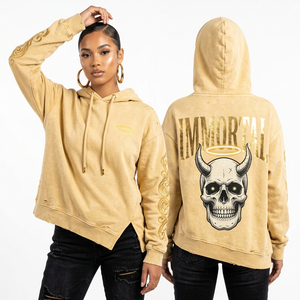 Sudadera con capucha de forro polar para mujer, color verde oliva, con estampado gráfico de mano de esqueleto y flor, efecto desgastado, estilo minimalista, con texto 'calm', venta al por mayor, fabricante - Product Image 5