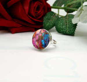 Bague bohème ronde en coquille d'huître rose, argent sterling 925, bijoux faits à la main - Product Image 1