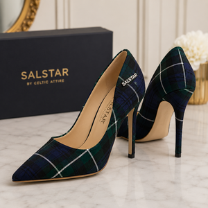 Escarpins à talons aiguilles bleus personnalisés pour femmes, motif tartan écossais, bout pointu, chaussures de mariage, fabrication OEM - Product Image 3