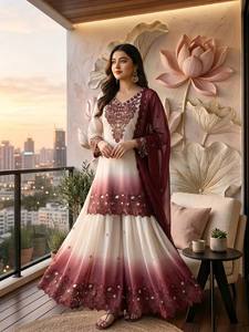 New TENNECY Designer <b>Wedding</b> Party Wear Wrinkle-Free Reversible Georgette Embroidery Thread Work <b>Top</b> Plazzo Dupatta Set Quick - Product Image 3