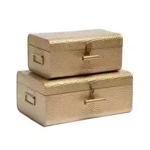 Set of 2 Hammered Gold Metal <b>Storage</b> Trunk <b>Box</b> Nesting Textured Iron <b>Decorative</b> Keepsake Containers with Front Toggle Latches - Product Image 1