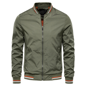 Blouson bomber bleu marine pour homme avec garniture rouge et blanche, fermeture éclair, vêtement décontracté d'automne, coupe classique, matière polyester - Product Image 5