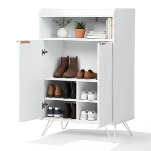 Scarpiera a due ante con parte superiore aperta, due ganci, pannello a griglia, corpo in truciolato, anta in MDF termoformato, scaffali per scarpe - Product Image 4