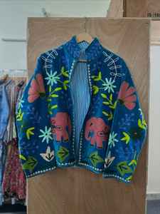 Handcrafted Green Velvet Suzani <b>Quilted</b> <b>Jacket</b> with Teal Embroidery Bold Floral <b>Patterns</b> Cotton Lining Eco-Friendly & Breathable - Product Image 4