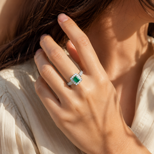 Green Emerald & Lab Grown Diamond <b>Ring</b> | White <b>Gold</b> Emerald Cut Halo <b>Cocktail</b> <b>Ring</b> OEM ODM Fine Jewelry Manufacturer - Product Image 3
