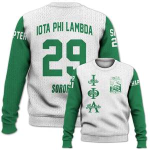 Veste universitaire personnalisée Iota Phi Lambda en blanc mélangé vert émeraude, pull tricoté de la sororité Iota Phi Lambda - Product Image 4