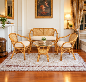 Muebles de Jardín de Ratán Natural de 4 Piezas, Tejidos a Mano, Ecológicos y Modernos, 2 Sillones, Sofá de Dos Plazas, Mesa de Centro, para Patio Exterior - Product Image 5