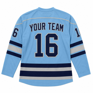 Jersey de Hockey sobre Hielo Sublimado, Azul Cielo, Gris Marino, Rayas, Cuello con Cordones, Manga Larga, Jersey de Equipo, Fabricante OEM, Venta Caliente - Product Image 2