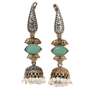 Pendientes Jhumka Indios de Dos Tonos con Piedra Verde Monalisa, Chapados en Oro sobre Plata Antigua Oxidada, Estilo Bohemia, Regalo de Boda - Product Image 1