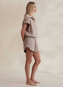 Women's Beige <b>2</b> <b>Piece</b> Shorts <b>Set</b> Loose Fit Turn-down Collar Zipper <b>Top</b> - Product Image 2