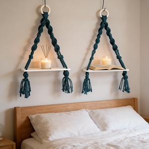 Boho Style Set Of 2 Macrame Wall Hanging Shelves With Wooden Base Ideal For Bedroom Candle Display And Lighting Decor From India - Product Image 1
