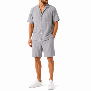 Custom <b>Linen</b> Blend Resort <b>Shirt</b> and Shorts Set 150 GSM Striped Turn-down Collar Breathable Casual Men Vacation Two Piece OEM - Product Image 6