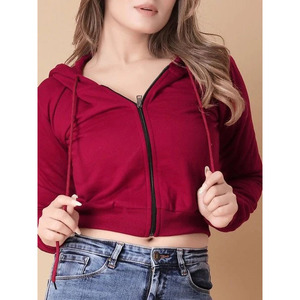 Women's Red Hooded <b>Zipper</b> Sweatshirt Full Sleeve Knitted Solid Color Autumn Wear Breathable High Waist Jeans - Product Image 1