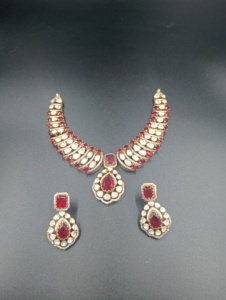 Women's <b>Silver</b> Gold Plated Red Doublet Flower Design <b>Necklace</b> and Earring <b>Set</b> Classic Wedding Jewelry - Product Image 4