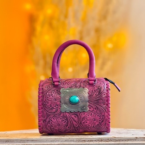 Women's Travel Accessories Pink Color Genuine Leather Mini Speedy Duffle <b>Bag</b> With Tooling Florals Carved Stone <b>Studded</b> In Middle - Product Image 1