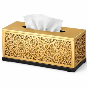 Premium Golden Tissue <b>Box</b> Cover Leather Texture Rectangular Tissue Paper Holder with Lid - Product Image 2