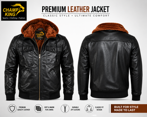 CHAMP KING Veste en cuir de qualité supérieure pour homme, à capuche, doublée de fausse fourrure, fermeture éclair - Product Image 1