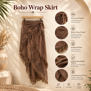 Brown Boho <b>Wrap</b> <b>Skirt</b> Geometric Pattern Natural Waist Asymmetrical <b>Maxi</b> <b>Skirt</b> Fringed Hem Casual Beach Festival Cotton Spring - Product Image 5