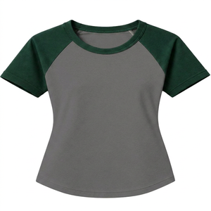 T-shirt Raglan Grande Taille Femme Beige Vert Manches Courtes Col Rond Couleur Unie Décontracté 100% Coton Respirant Broderie Jersey - Product Image 4