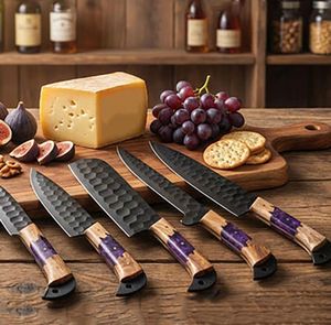 Steel Craft International Hand Forged 5-Piece Carbon Steel Chef <b>Knife</b> Set 67-Layer Damascus Structure Wooden Handles Serrated - Product Image 5