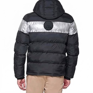 Relevo Men's Hooded <b>Puffer</b> <b>Jacket</b> Black <b>Silver</b> Color Blocking Zipper Closure Windproof Eco-Friendly Front Polyester Filling - Product Image 5
