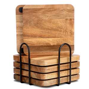 Ensemble de sous-verres en bois d'acacia très vendus avec support, sous-verres carrés en bois pour table basse, bar, décoration intérieure, cadeau - Product Image 5