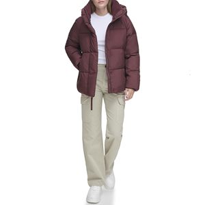 Chaqueta Acolchada con Capucha para Mujer, Color Borgoña, Manga Larga, Abrigo de Invierno, Relleno Grueso de Poliéster, Largo Regular - Product Image 3