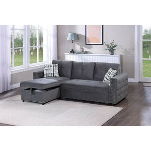 Divano Sezionale Convertibile 2 Pezzi in Velluto Grigio con Letto Estraibile, Chaise Longue Contenitore e Dettagli Trapuntati, Reversibile, per Soggiorno - Product Image 2