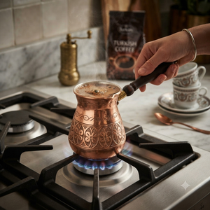Auténtica cafetera turca de cobre grabada con motivos florales, Cezve, Ibrik árabe, Briki griega, calentador de leche para estufa con mango de madera. - Product Image 4