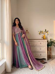 Designer Embroidery And <b>Beds</b> Work Nc Moss Silk Gown With Bottom And Butterfly Net Dupatta Fully Stitched <b>Ready</b> To Wear Set - Product Image 3