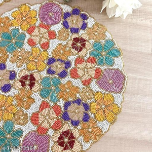 Handmade <b>Beads</b> Table <b>Placemat</b> Floral Bunny Design Round <b>Bead</b> Embroidery Mat Luxury Boho Table Decor - Product Image 4