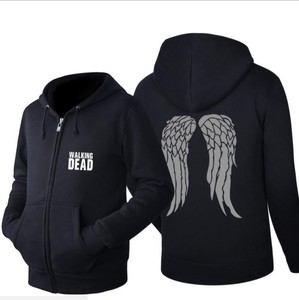 Sweat-shirt à capuche zippé unisexe The Walking Dead gris en coton molletonné imprimé ailes, idéal pour l'automne - Product Image 2