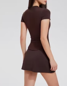 Vestido de punto de manga corta con cuello en V para mujer, color sólido, largo por encima de la rodilla, transpirable, informal, para uso diario, estilo primavera-verano - Product Image 4