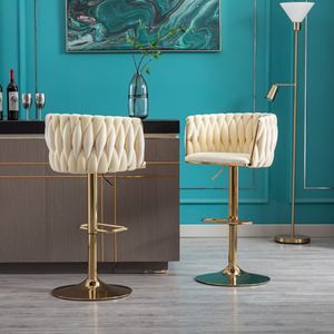 Set of 2 Velvet <b>Bar</b> <b>Stools</b> with Chrome Footrest Simple <b>Bar</b> Chair with Height <b>Adjustable</b> Mechanical Lifting and Golden Leg - Product Image 3