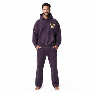 Ensemble de survêtement homme délavé coupe décontractée avec sweat à capuche à épaules tombantes et poche kangourou et pantalon de jogging large, effet délavé à l'acide, deux pièces - Product Image 5