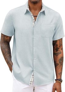 Camisa Casual de Verano para Hombre con Logotipo Personalizado, Manga Corta, Cuello con Ribete a Cuadros, Bolsillo Frontal, Algodón y Lino, para Playa o Boda, ODM - Product Image 2