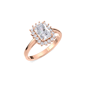 Elegante Anillo Halo con Diamantes Radiantes de 1.22ctw |   Anillo de compromiso de oro amarillo, blanco y rosa de 9 quilates con diseño de hombros divididos - Product Image 1