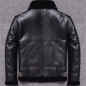 Blouson de motard en cuir noir pour homme avec col en fourrure ton sur ton, manteau d'hiver en peau de mouton véritable, doublure polaire chaude, vêtement d'extérieur décontracté - Product Image 3