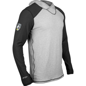 Chemise de pêche à manches longues pour homme, gris et noir, avec capuche, protection UV UPF 50+, logo frontal, fermeture à enfiler, 100% polyester, polos 3D - Product Image 1