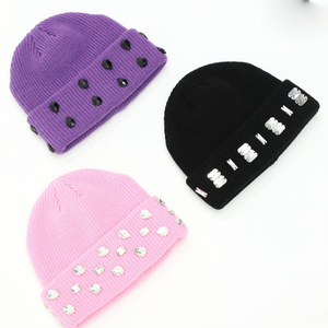 Custom <b>Purple</b> Pink Black Rhinestone Beanie <b>Hat</b> Unisex Knit Winter Cap Solid Color Cute Style Winter Slouchy Cap Wholesale - Product Image 1