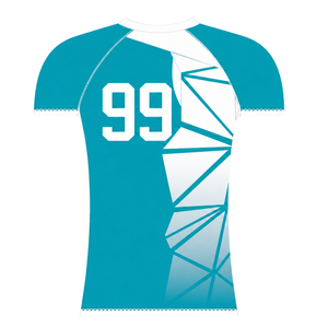 Maillot de compression athlétique personnalisé bleu sarcelle et blanc à manches courtes, col ras du cou, motif géométrique, pour entraînement de performance et sports nautiques - Product Image 2